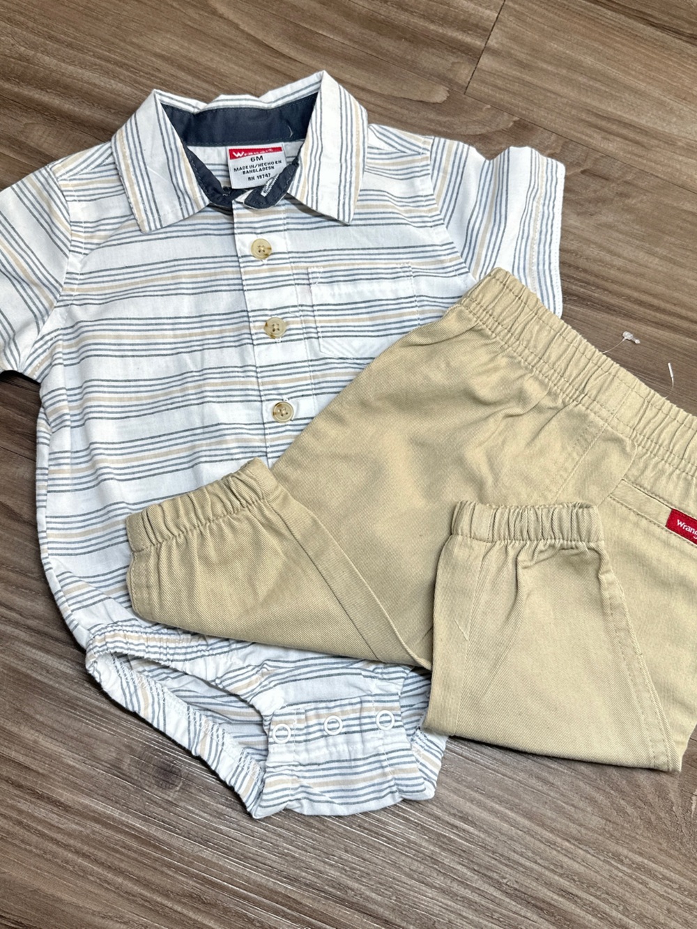 Wrangler Baby Boy Striped Short-Sleeve Shirt Tan Pants 2PC Western 6M